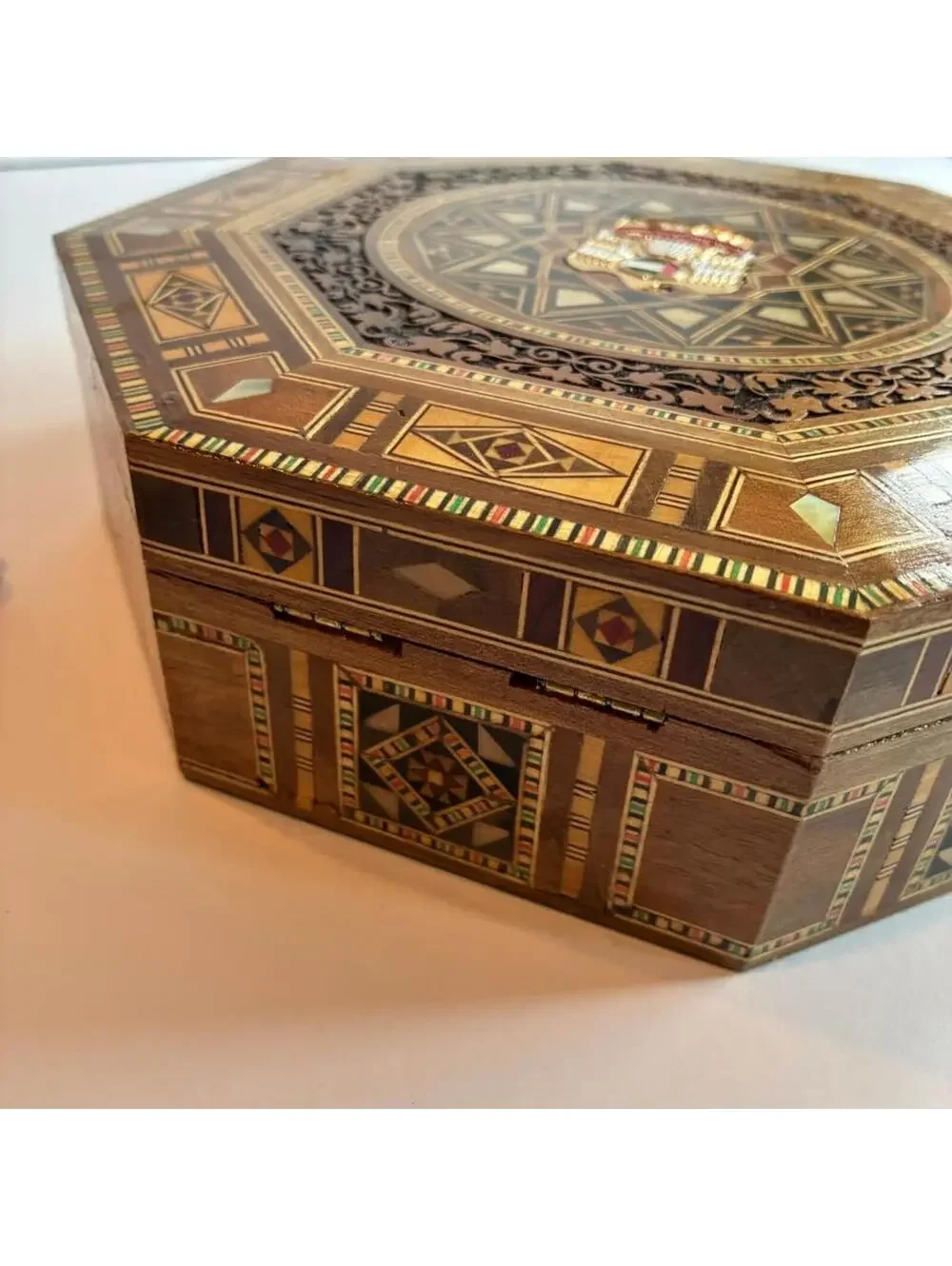 Large UAE Sadeli Marquetry Jewelry Box, Middle Eastern Mosaic Wood Inlay Box